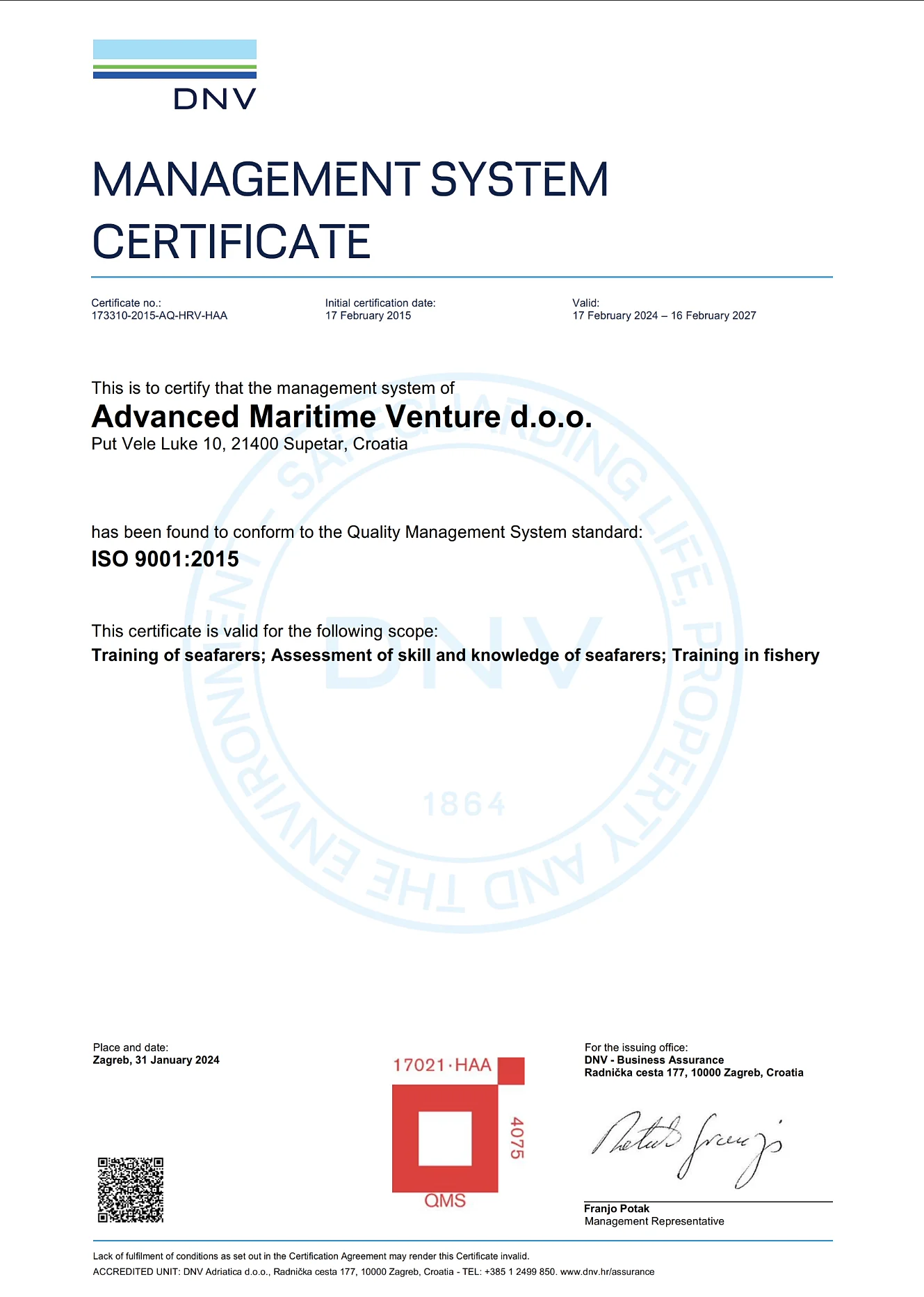 DNV management system certificate awarded to Advanced Maritime Venture for ISO 9001:2015