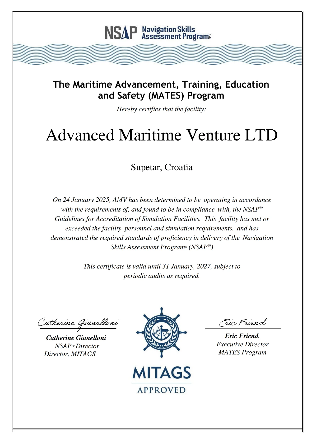 NSAP Maritime Advancement, Training, Education and Safety certificate awarded to Advanced Maritime Venture